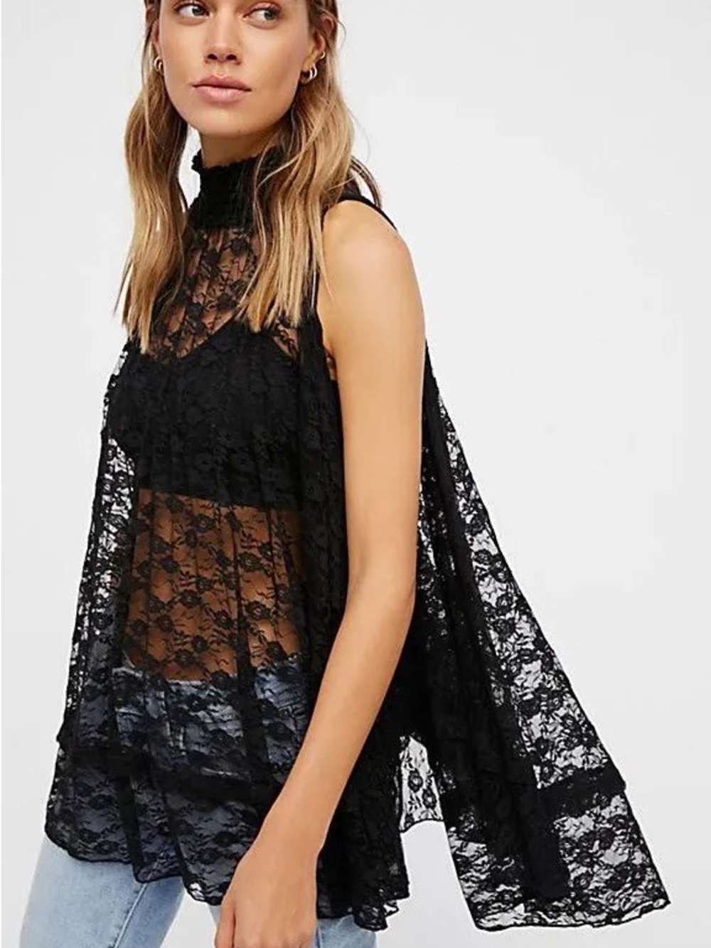 Free People Myrna Sheer Black Lace Whimsygoth Festival Mock Neck Trapeze Tank S